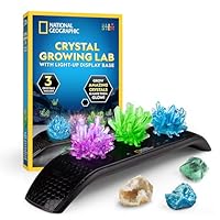 NATIONAL GEOGRAPHIC Crystal Growing Kit - 3 Vibrant Coloured Crystals to Grow with Light-Up Display Stand & Guidebook, Includes 3 Real Gemstone Specimens Including A Geode & Green Fluorite