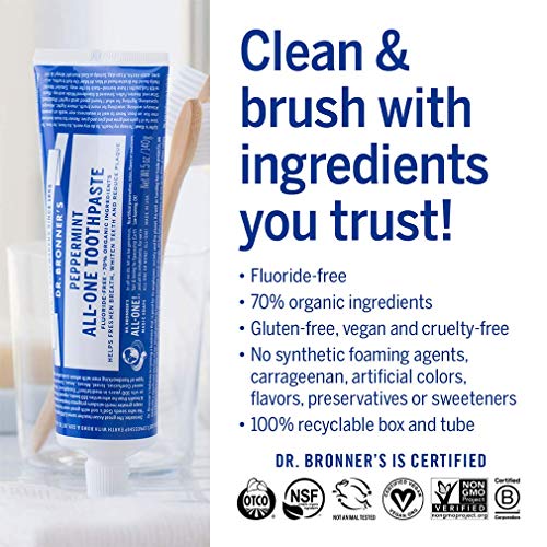 Dr. Bronner’s - All-One Toothpaste (Peppermint, 5 Ounce) - 70% Organic Ingredients, Natural And Effective, Fluoride-Free, Sls-Free, Helps Freshen Breath, Reduce Plaque, Whiten Teeth, Vegan #TOP4