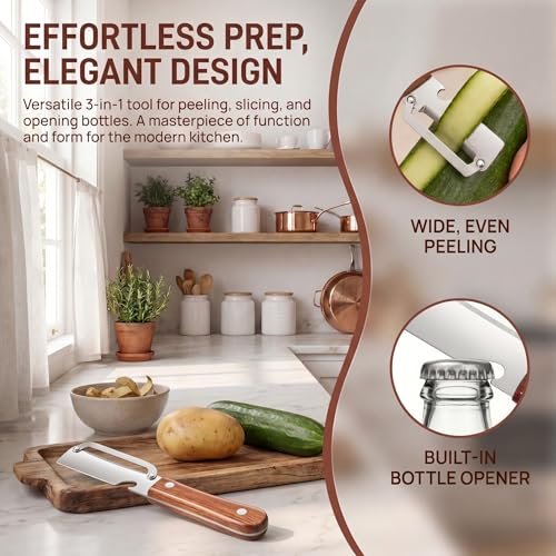 3-in-1 Stainless Steel Vegetable Peeler & Julienne Cutter with Bottle Opener - Multifunctional Kitchen Gadget for Fruits, Veggies, Camping & Daily Home Cooking(2-Pack) wooden by BUTKLNYTS - Used condition - Image 6