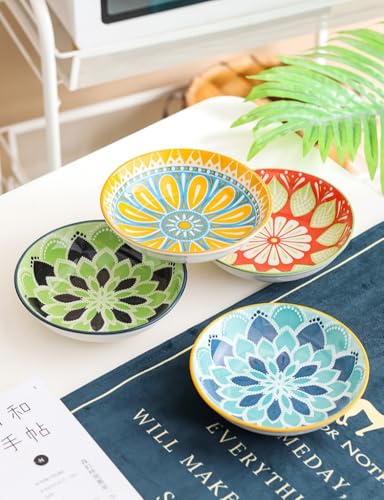 yaocoral Set of 4 10 OZ Colorful Ceramic Dessert Bowls Bohemian 6 inch Serving Dishes Cute Shallow Bowls for Appetizer,Side Dishes,Sushi,Salad,Snack,Icecream,Fruit,Microwave Dishwasher Safe