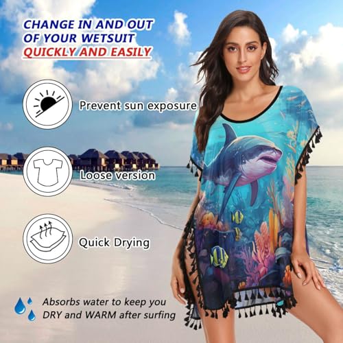 Sea Animals Shark Women's Beach Cover Up Chiffon Tassel Swimwear Swimsuit Coverups for Girl4