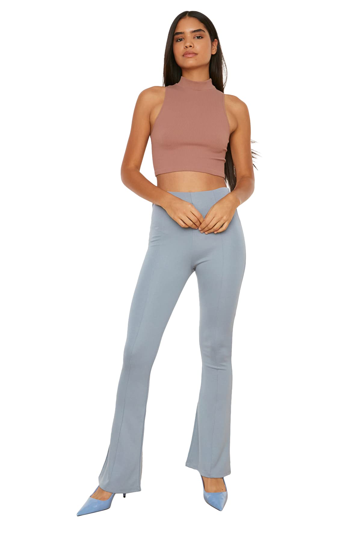 Trendyol Damen Grau Hacivert Flaschung Gestrickte N Pants Palazzo, L Große Größen