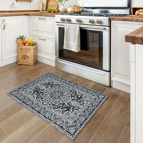 KUTA Oriental Medallion Small Area Rug 2x3 Black Washable Non-Slip Entryway Rugs Soft Printed Retro Vintage Floral Accent Rug for Farmhouse Kitchen Throw Doormat for Entrance