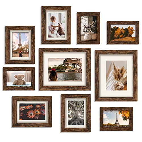 Hamitor Picture Frames Set Wall Gallery: 10 Pcs Family Photo Frames Set For Wall Or Tabletop Decor Including Two 8×10 Four 5×7 Four 4×6 - Rustic Brown #TOP10
