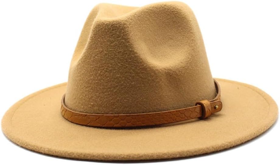 Classic Wool Felt Fedora Hat, Wide Brim with Leather Band, Khaki