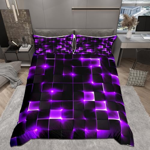 Castle Fairy Abstract Duvet Cover Set Full Size,3D Modern Cool Geometric Grid Square Comforter Cover with 2 Pillowcases,Shiny Purple Neon Light Black Breathable Bedspread for Boys Teens