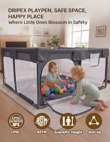Image of Dripex Baby Playpen, 47 inchx47 inch Small Play Pen for Babies, Dark Gray | Included Colorful Balls / Pull up Rings, Breathable Visible Mesh, Anti-Fall Design, Easy Setup, Indoor /Outdoor Use