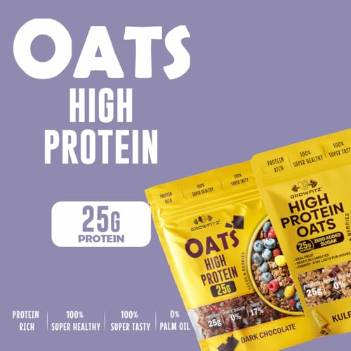Image of GrowFitz 25g High Protein Oats 800 Gram, Pack of 2 | Chocolate & Kulfi Flavor Combo Breakfast Oatmeal | 17g High Fiber, Almonds, Raisin, Pumpkin, Chia Seeds, Super Rolled Oats | No Added Sugar