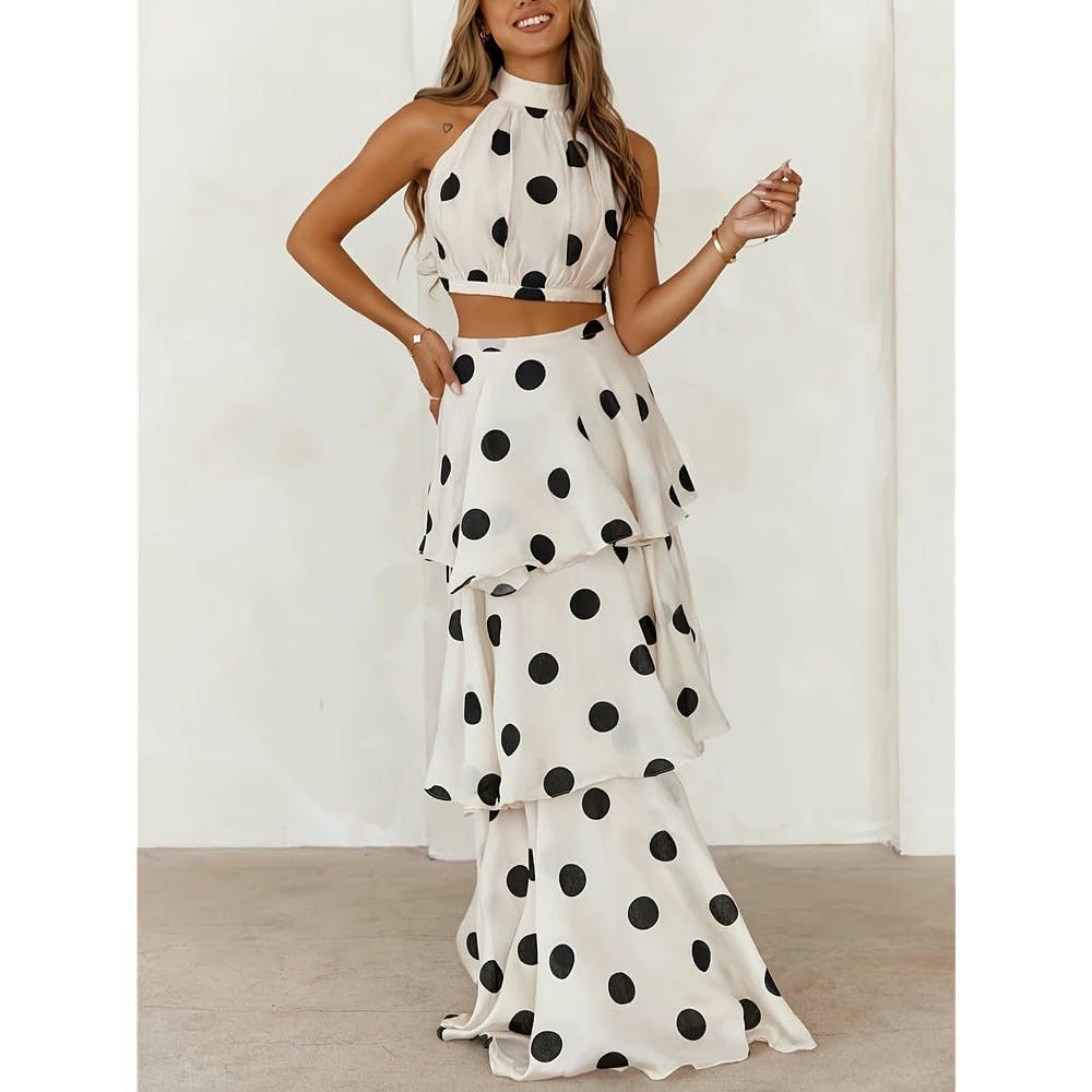 SYJYM Ensemble élégant Haut à Pois et Jupe Longue en Polyester tissé pour Femme avec col Ras du Cou et Pulls sans Manches