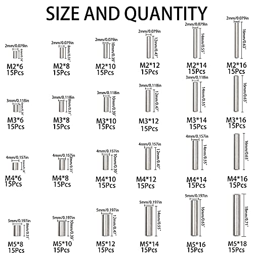 Rrina 360Pcs 304 Stainless Steel Dowel Pin Shelf Support Peg Pin Rod Fasten Elements Assortment Kit, 24 Sizes M2 M3 M4 M5 #TOP1