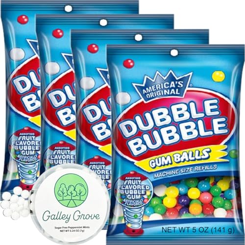 Dubble Bubble Mini Gumball Machine Refills 5 oz Bag (4-Pack), 1/2 inch 13mm Assorted Fruit Flavor Bubble Gum, Kosher, Gluten Free Bundle With Galley Grove Sugar-Free Breath Mints