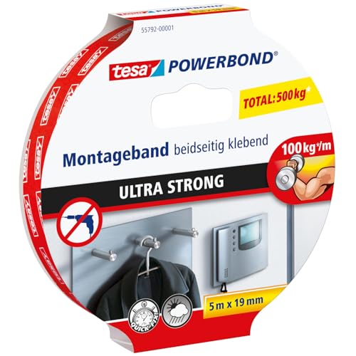 tesa Powerbond Ultra Strong Ruban Adhésif de Montage Double Face Extra Fort – Adhésif Puissant pour la Fixation D'Objets Sans Percer – 5 m x 19 mm