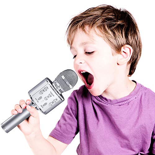 Ovellic Karaoke Microphone For Kids, Wireless Bluetooth Karaoke Microphone With Led Lights, Portable Handheld Mic Speaker Machine, Great Gifts Toys For Girls Boys Adults All Age (Silver) #TOP6