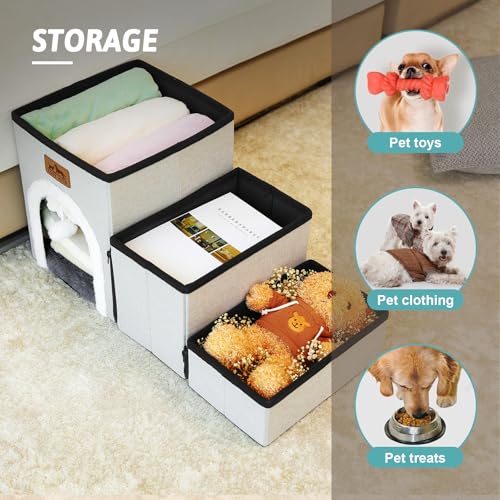 COZY KISS Dog Stairs for Small Dogs with Storage and Condo, 17.5\" H Foldable Pet Stairs for Small Medium or Puppy Dogs and Older Cats, Dog Steps for Bed or Couch, 13x35x17.5 inch, 4 Tiers, Brown