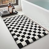 LUMI Checkered Bathroom Rug Non Slip, Ultra Soft Bath Mat Absorbent, Machine Washable Modern Bath Rug Quick Dry for Shower Floor, Bathtub, Sink, 20x32, Black White Grid