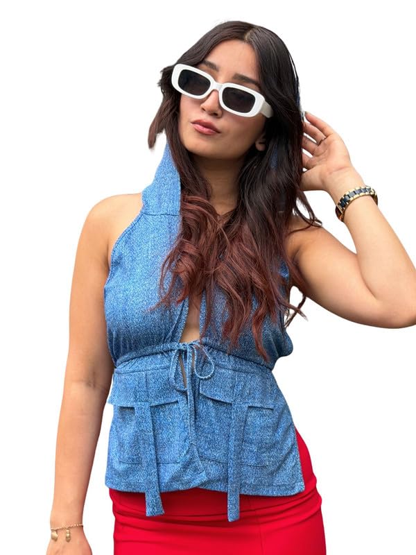 tandul Women Blue Hooded Front Tie Up Top-picture-20
