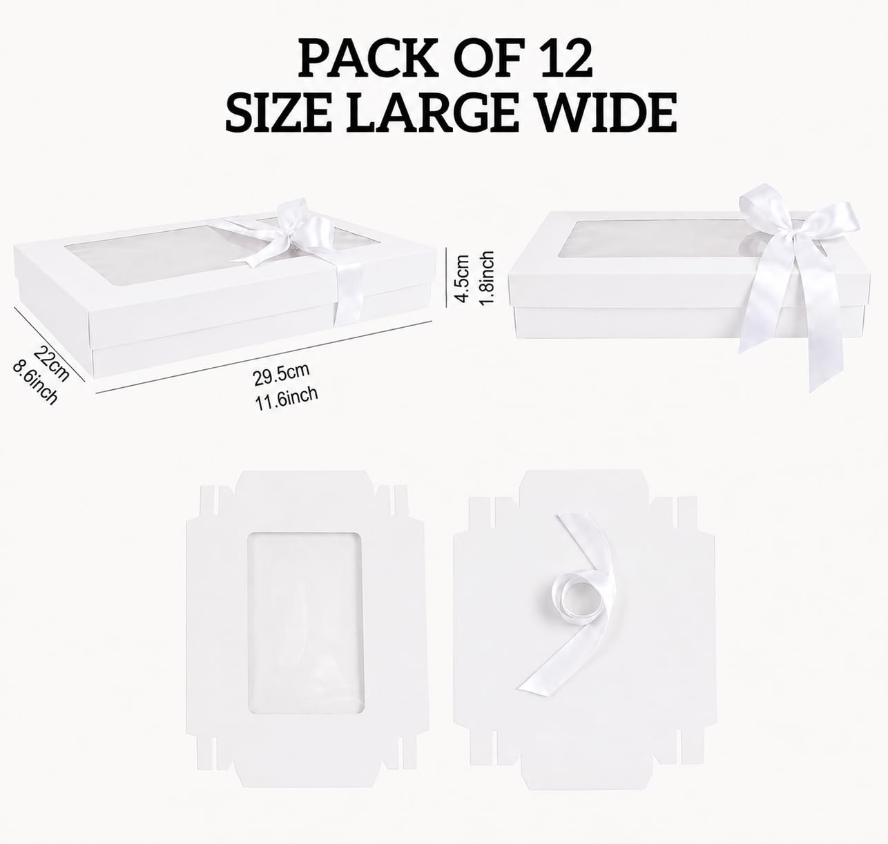 Emartbuy Lot de 12 boîtes cadeaux rectangulaires en kraft Blanc avec couvercle Transparent et ruban satiné Blanc 29,5 x 22 x 4,5 cm