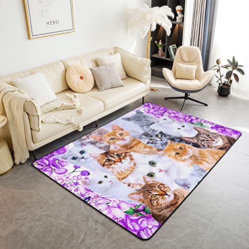 Loussiesd Cat Decorative Area Rug, Soft Cats Print Square Accent Rug Set for Bedroom & Living Room