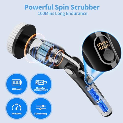 Electric Spin Scrubber, 8-in-1 Electric Scrubbing Brush Adjustable with 8 Replaceable Cleaning Brush & Extension Handle, Remote Control, Power Electric Scrubber for Household Cleaning, Bathroom, Floor - Image 4