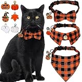 STMK 3 Pack Holiday Cat Collars with Bell, Breakaway Halloween Thanksgiving Day Cat Kitten Collars with Bow Tie Bandana Shirt Bell Pumpkin Ghost Maple Leaf for Holiday Cats Kittens Costumes Outfits