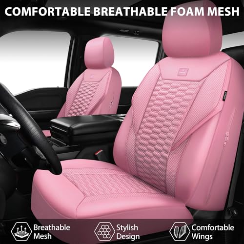 Image of CAR PASS 3D Foam Mesh Leather Car Seat Covers Full Set, Pink Breathable Mesh Faux Leather Seat Covers for Women, Universal Fit for Car SUV Truck Sedan Automotive, Armrest Airbag Compatible, All Pink