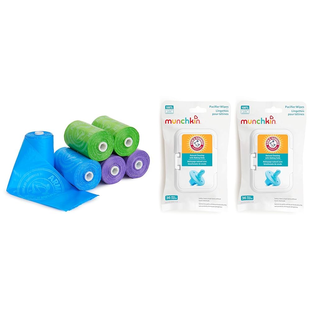 Munchkin® Arm and Hammer Diaper Bag Refills, 6 Pack, 72 Bags & Arm & Hammer Pacifier Wipes - Safely Cleans Baby and Toddler Essentials, 2 Pack, 72 Wipes