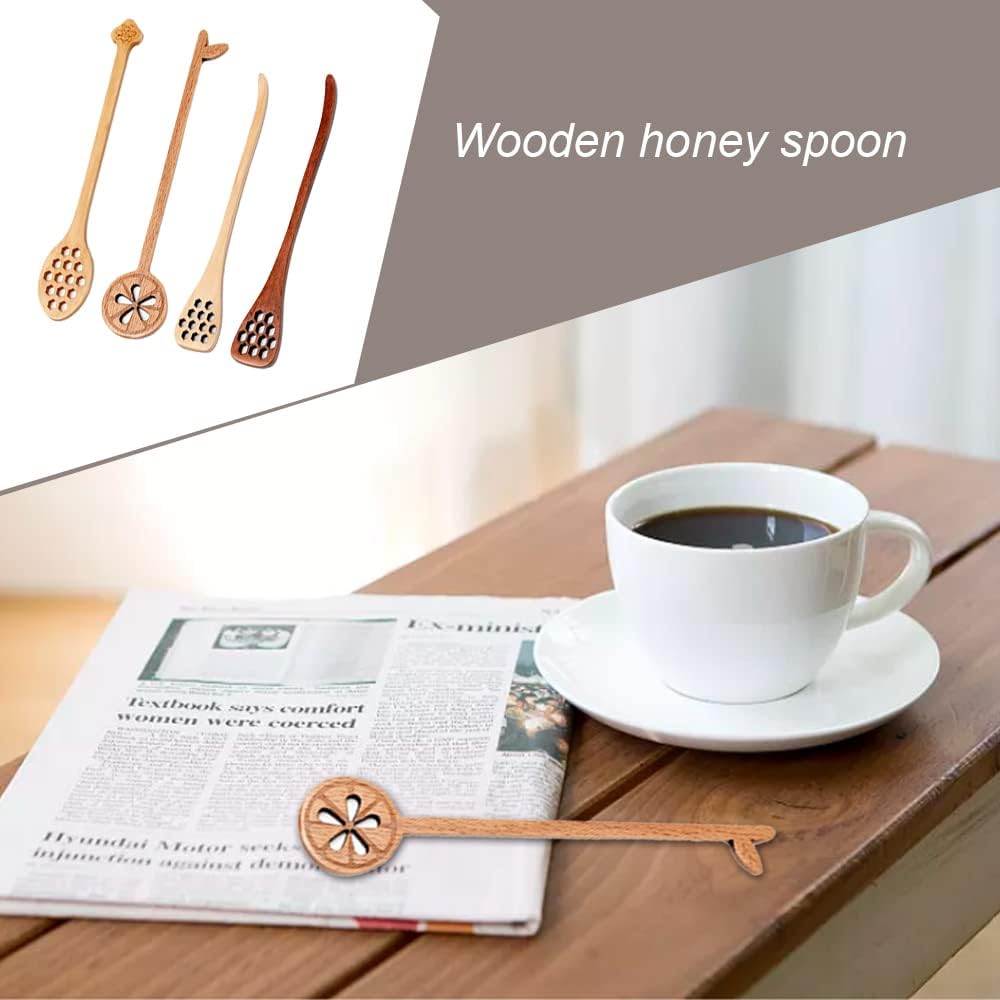 4 Pcs Wooden Mixing Spoons Honeycomb Design Honey Spoons Long Handle Honey Dipper Spoons for Milk Coffee Soup Dessert Tea Cooking and Stirring