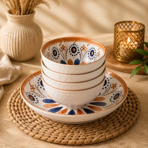 Image of 6-Piece Ceramic Dinner Set, 2 Plates & 4 Bowls, Microwave Safe, Dishwasher Safe, Floral Dinnerware (Multicolor, 2 Plate & 4 Bowl Set)
