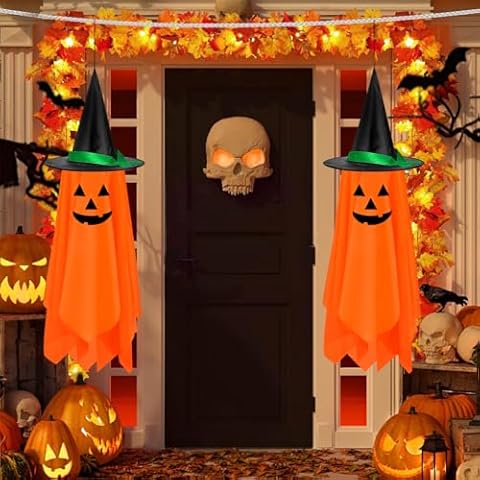 2 Pack Halloween Hanging Decorations Outdoor - Halloween Hanging Pumpkin Decorations, Decor Pumpkin Ghost Orange Cute Pumpkin, Decor for Kids Outdoor Outside Garden Tree. Cover