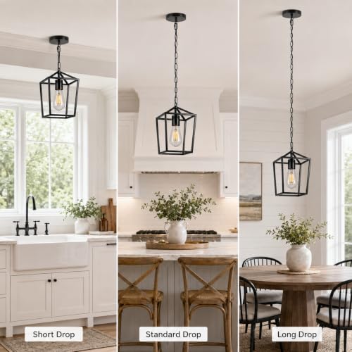 Image of Phaosio Black Pendant Lights Kitchen Island, Modern Farmhouse Light Fixture | Metal Cage Pendant Light Fixture, Adjustable Height, Sloped Ceiling, Kitchen Lighting for Dining Room, Entryway, Foyer,1 Pack