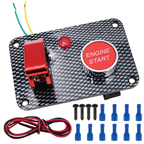 Tiardey Fibra de carbono Coche de carreras 12V Interruptor de encendido Panel Botón de arranque del motor Botón LED rojo Alternar - Rojo