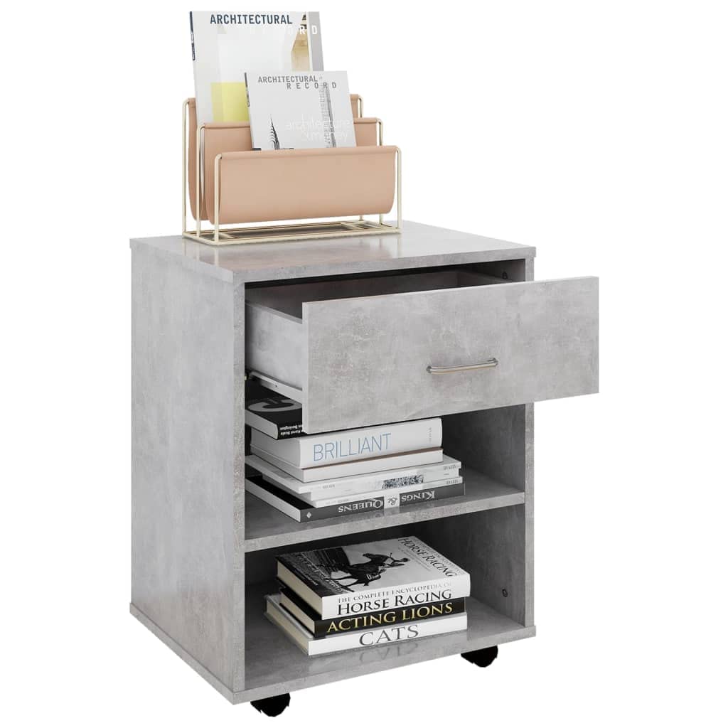 Mobiletto arrotolabile, grigio cemento, 46 x 36 x 59 cm, in legno, design moderno, con 4 ruote, bloccabile, per ufficio, casa, camera da letto, cucina, magazzino