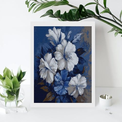 Kits de arte de diamantes para adultos y principiantes con flores azules y blancas 4