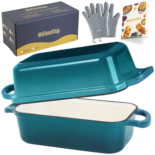 Articasting Molde de hierro fundido con tapa, moldes para pan para hornear pan de 9 x 5, sartenes esmaltadas 2 en 1 para pan casero, masa madre, verde azulado