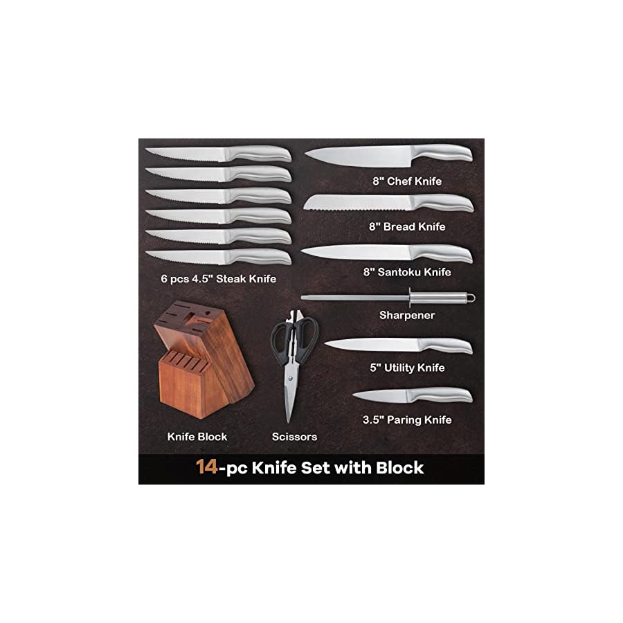 COSTWAY 14-Pieces Kitchen Knife Set, with Block, Sharpener & Kitchen Shears, Ultra Sharp Knife Set with Chef Knife, Bread Knife, Santuku Knife, Utility Knife, 6 Steak Knives (Silver, Brown)