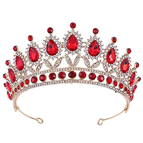 Weddingtopia Crystal Rose Gold Wedding Tiara For Bride Plus Wedding Rhinestone Necklace and Earring Set  Rhinestone Bridal Tiara Crown with side combs (ROSE GOLD RED)