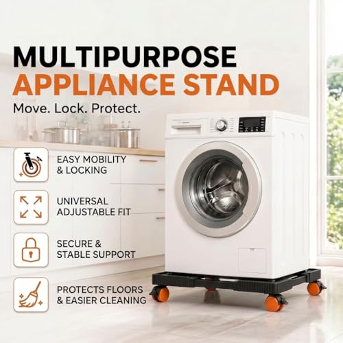 Image of Adjustable Washing Machine Stand with Lockable Wheels | Black Plastic Pipe Frame with Durable Plastic Corners | Rust-Proof Anti-Vibration Fridge Base Trolley | Movable Appliance Stand Size: 40-65 cm