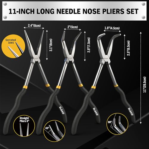 Image of 5-Piece 11 Inch Long Needle Nose Pliers Set with 4 Magnetic Plier Racks, Extra Long Reach Pliers Set, 45 & 90 Bent Needle Nose Pliers, Circle Nose and Diagonal Pliers for Tight Spaces