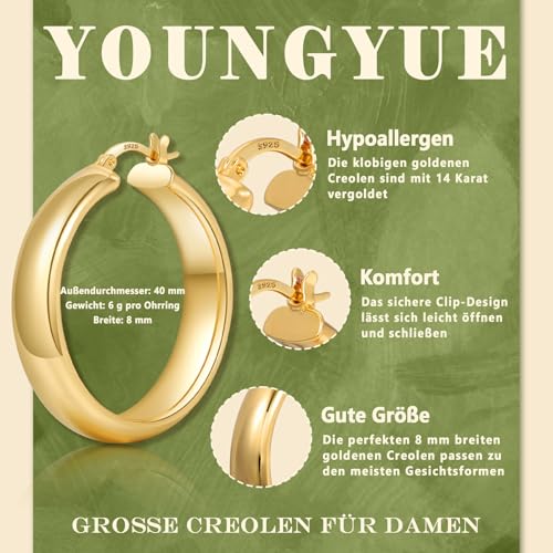 YOUNGYUE 8mm Wide Chunky Gold Hoops 14K Real Gold Plated Hypoallergenic 925 Sterling Silver Hoops Lightweight Big Hoop Earrings for Women 30/40/50/60mm2