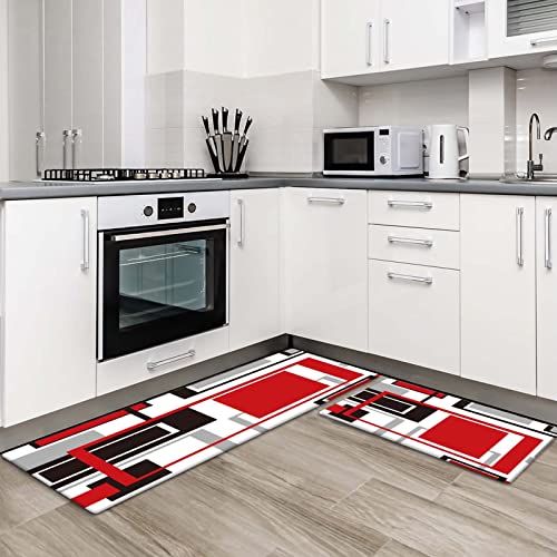 Mcalk Red Geometric Kitchen Rugs,Pvc Mats In Abstract Design Waterproof, 0.4 Inch Thickness For Comfortable Foot Feeling Non-Slip 17.3 X 47 Inches And 17.3 X 30 Inches Perfect For Your Kitchen #TOP29