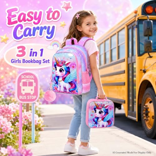 Image of WZLVO 3PCS Kids Backpack for Girls, Unicorn Dinosaur Animal Prechool Elementary Kindergarten School Bookbag with Lunch Box