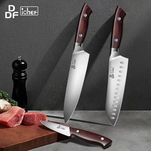 Image of DDF iohEF Knife Set 3 Piece, Sharp Kitchen Knife Set Professional Chef Knife Set for Kitchen Japanese Stainless Steel Cooking Knives with Ergonomic Pakkawood Handle