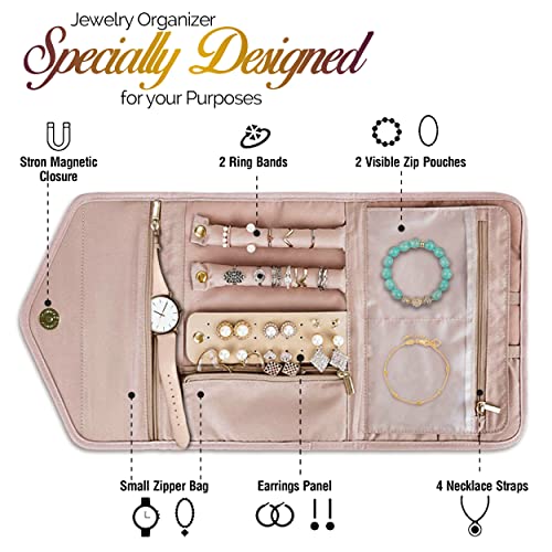 Travel Jewelry Organizer Case, Foldable Jewelry Storage Bag Roll, Portable Jewelry Holder with Zipper Storage for Rings Necklaces Earrings Watches Bracelets, Travel Gift for Women, Soft Pink - Thumbnail 4