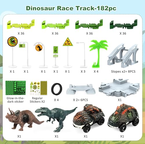 Image of Dinosaur Toys for Kids 3-5, Glow in The Dark Flexible Train Track Playset, 2 Dinosaur Car for 3 4 5 6 7 Year & Up Old Boys & Girls Best Gift