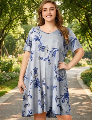 Image of OVERWORETY Womens Short Sleeve Plus Size T-Shirt Dress V Neck Casual Loose Swing A-Line Summer Tunic Dresses with Pockets