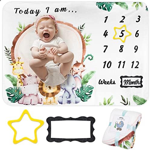 Baby Milestone Blanket, Animal Theme Baby Age Mat Soft Comfortable Monthly Large Fleece Blankets with 2 Felt Photo Frame, Newborn Photo Props Backdrop 40x55 Inches