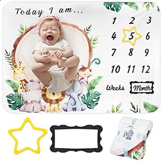 Baby Milestone Blanket, Animal Theme Baby Age Mat Soft Comfortable Monthly Large Fleece Blankets with 2 Felt Photo Frame, Newborn Photo Props Backdrop 40x55 Inches