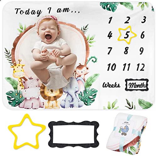 Baby Milestone Blanket for Boy Girl, Animal Theme Baby Age Mat Soft Comfortable Monthly Large Fleece Blankets with 2 Felt Photo Frame 40x55 Inches