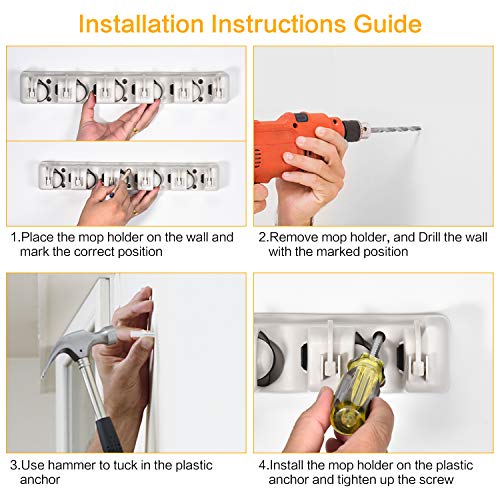 Champs Plastic Mop Broom Holder, Wall Mounted Commercial Organizer Storage Rack For Garden Tools, Kitchen, Garage And Laundry [5 Slots With 6 Hooks] White Grey #TOP4