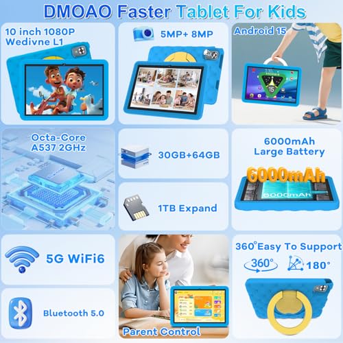DMOAO Kinder Tablet 10 Zoll Android 15 mit 30GB RAM + 64GB ROM(2TB), 5G WLAN 6, Widevine L1, Elterliche Kontrolle, 8-Core, 6000 mAh, Kids Tablet mit Kinder Hülle Eva + 360° Drehbarer Ständer, Blau 2